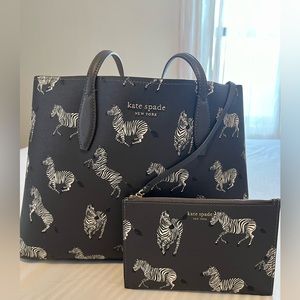 Kate Spade All Day Dancing Zebras Printed Large Tote w/ Pouch black grey